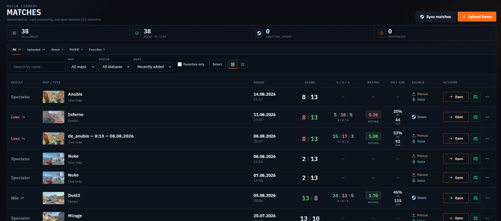 Real CS2STAT match library