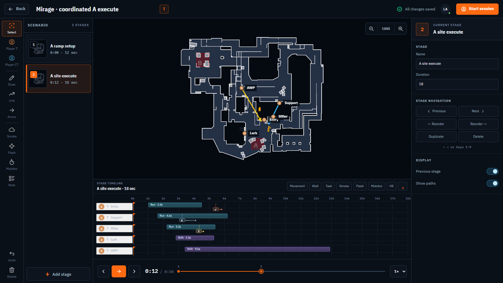 Real collaborative tactics board with stages, timings and player routes